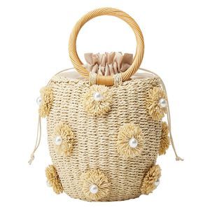 Summer Straw Bag Pearl Flower Bucket Tote Bag Diamond Handbag Hand :v